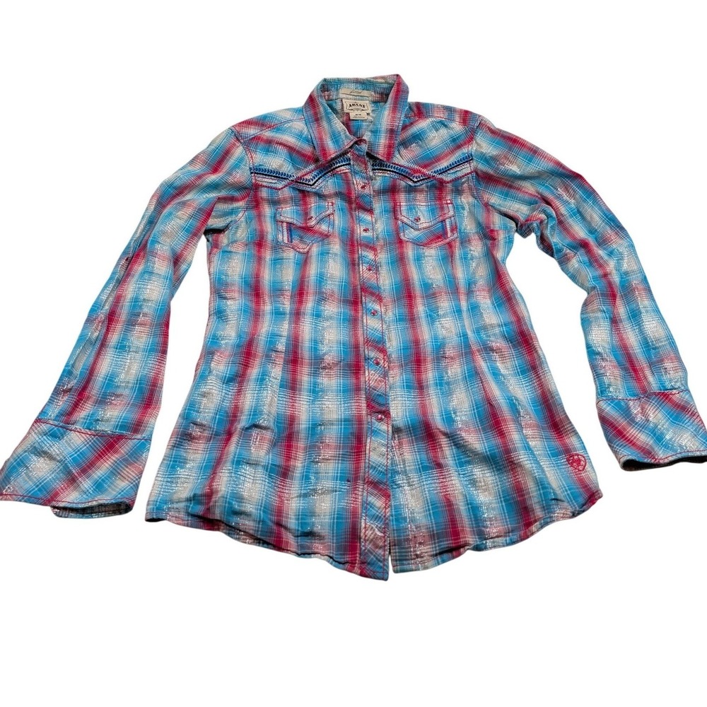 Ariat Womens Fitted Plaid Metallic Western Snap Shirt Size Medium Blue Pink
